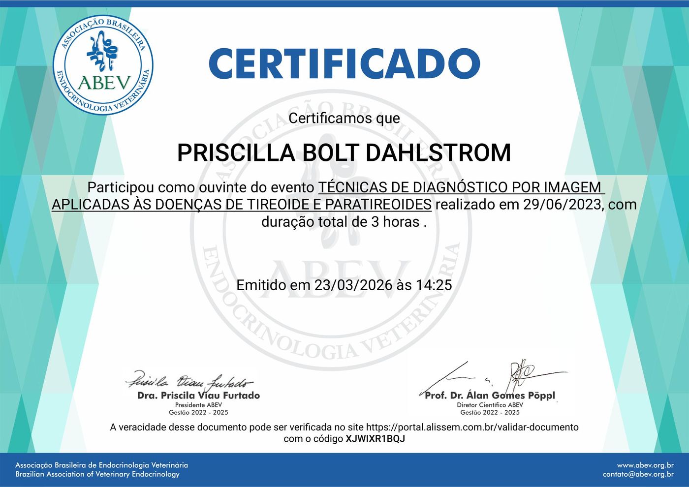 Certificado: Técnicas de diagnóstico por imagem aplicadas às doenças de tireoide e paratireoides — Associação Brasileira de Endocrinologia Veterinária