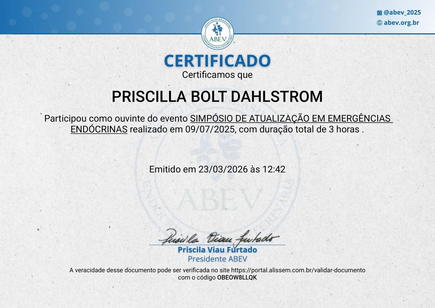 Certificado: Simpósio de atualização em emergências endócrinas — Associação Brasileira de Endocrinologia Veterinária