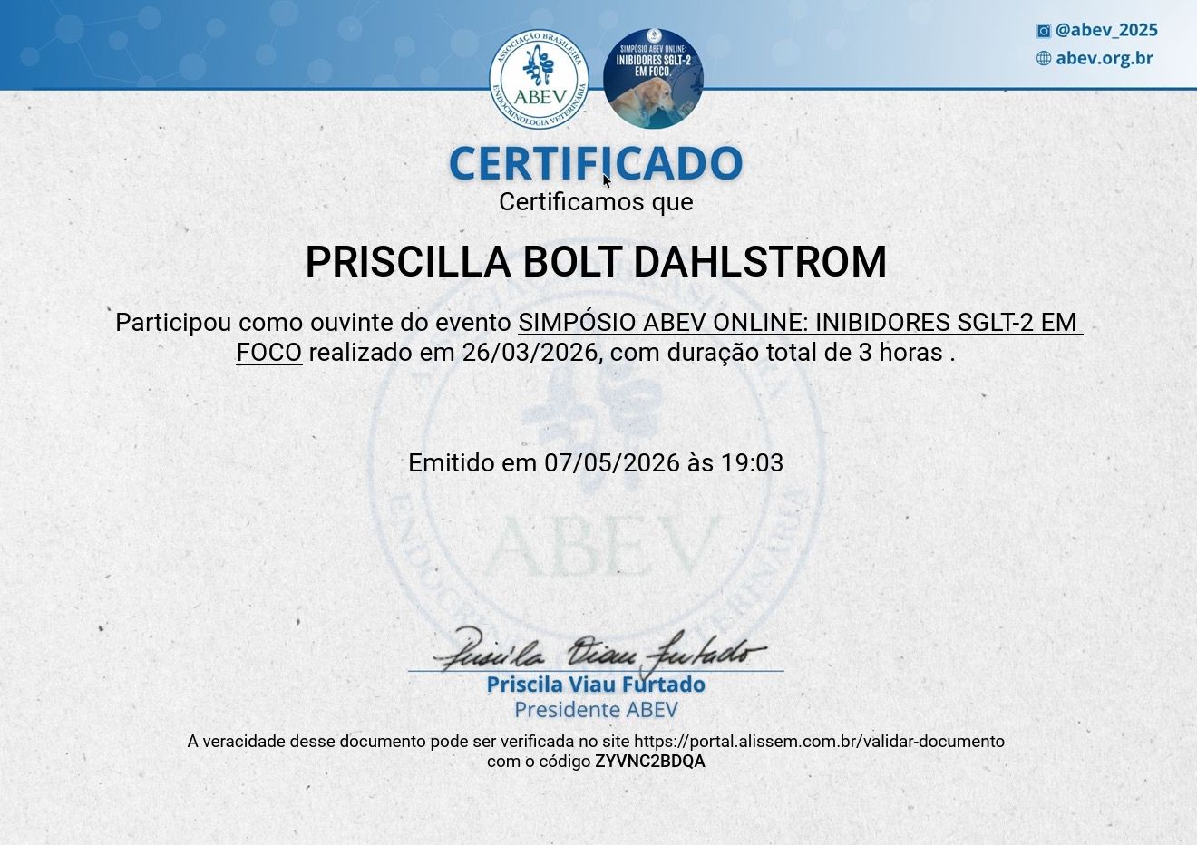Certificado: Simpósio ABEV online: Inibidores de SGLT-2 em foco — Associação Brasileira de Endocrinologia Veterinária