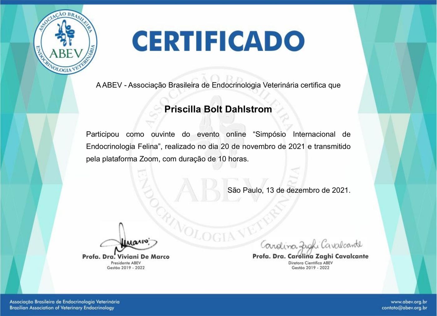 Certificado: Simpósio Internacional de Endocrinologia Felina — Associação Brasileira de Endocrinologia Veterinária
