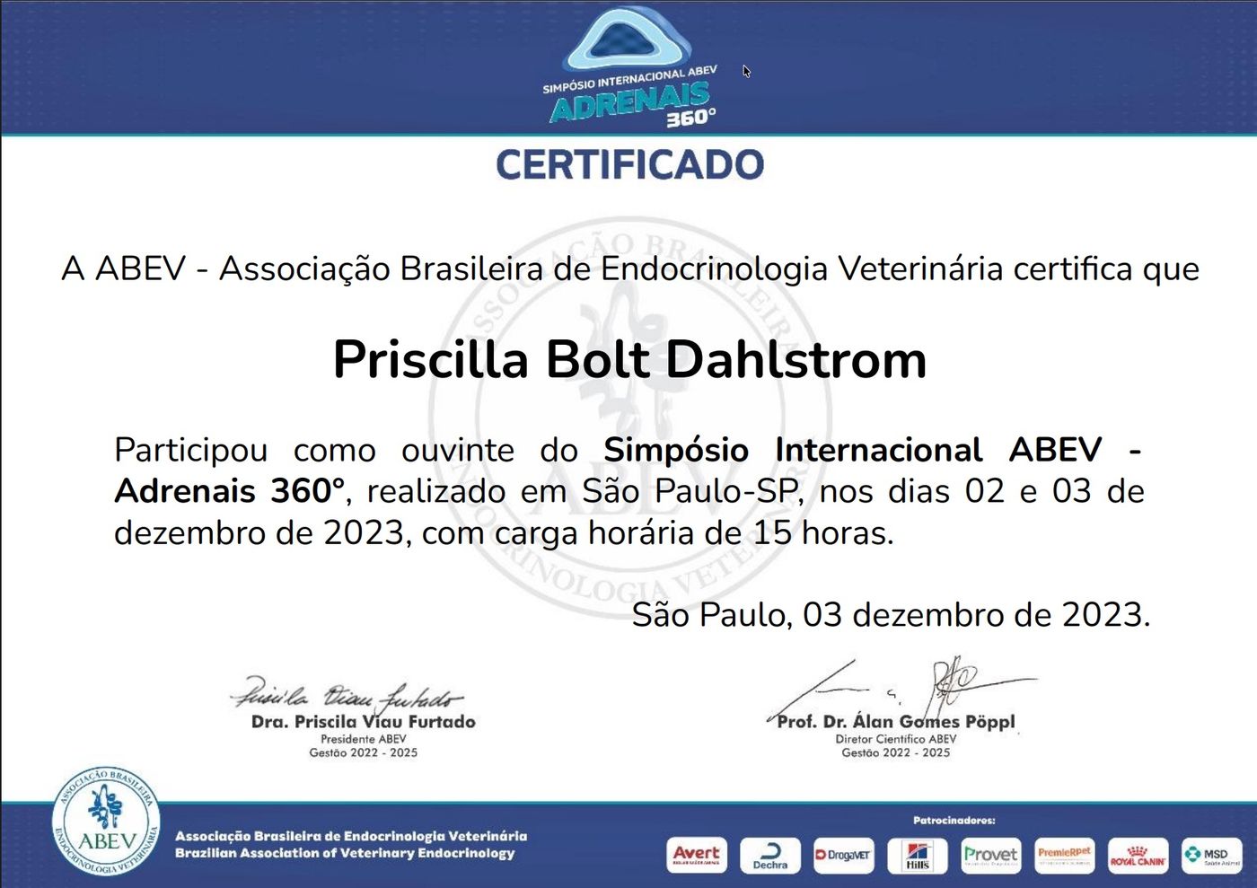 Certificado: Simpósio Internacional ABEV – Adrenais 360° — Associação Brasileira de Endocrinologia Veterinária