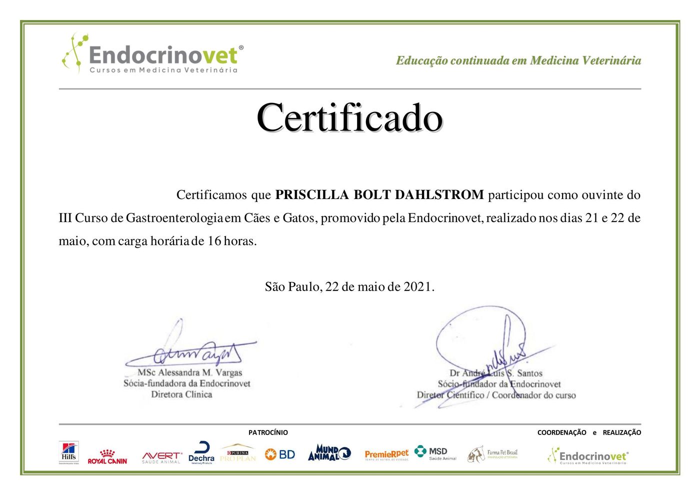 Certificado: III Curso de Gastroenterologia em Cães e Gatos — Endocrinovet