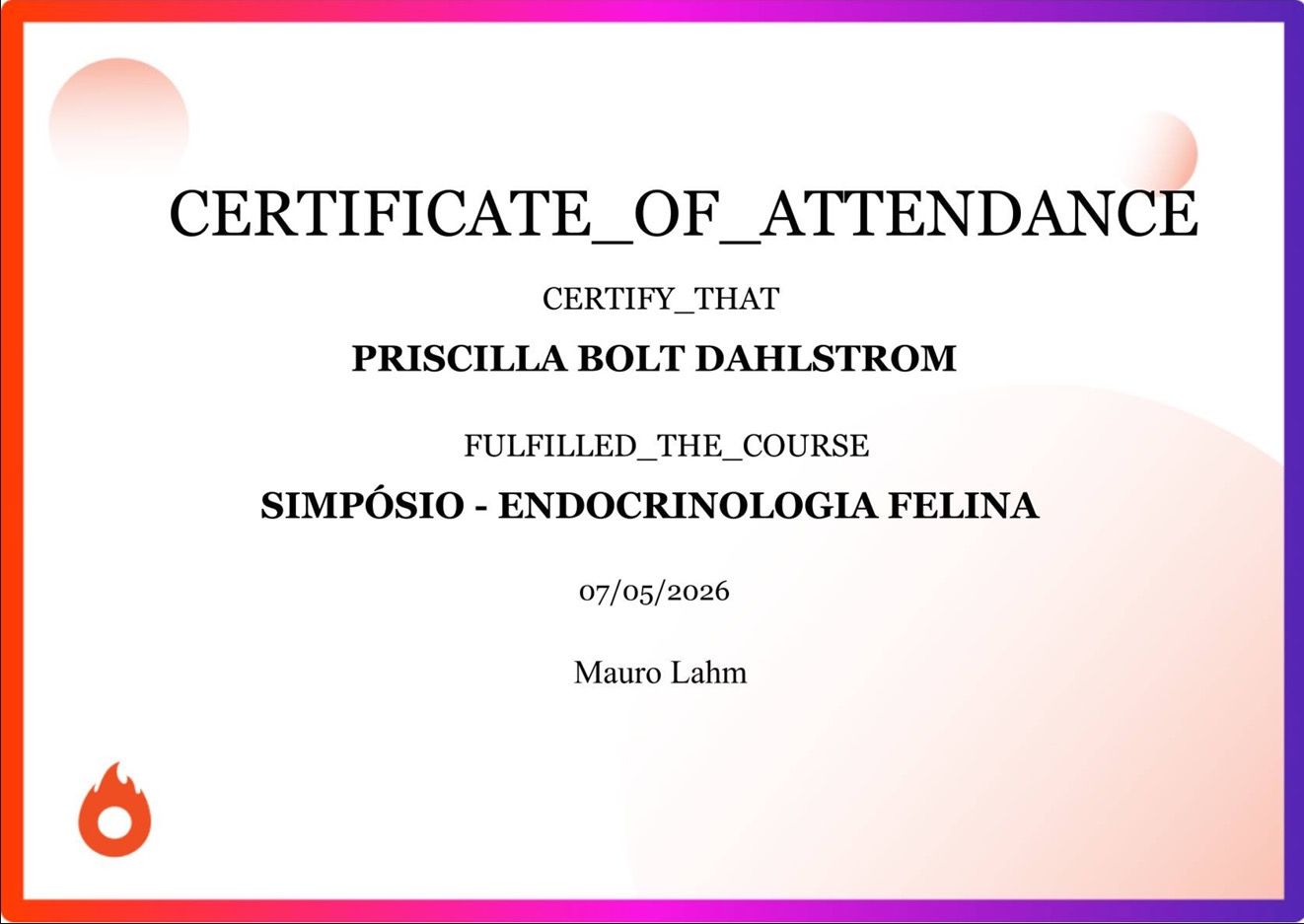 Certificado: Simpósio de Endocrinologia Felina — Mauro Lahm