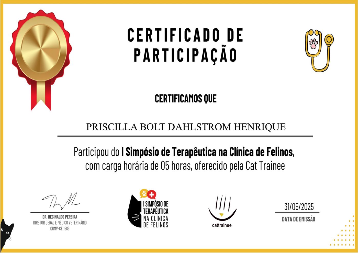 Certificado: I Simpósio de Terapêutica na Clínica de Felinos — Cat Trainee