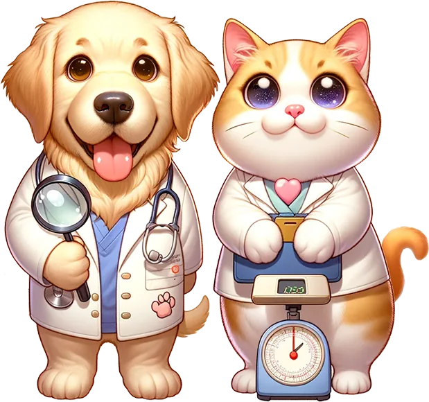 Ilustração de um cão e um gato vestidos de veterinários, com lupa e balança